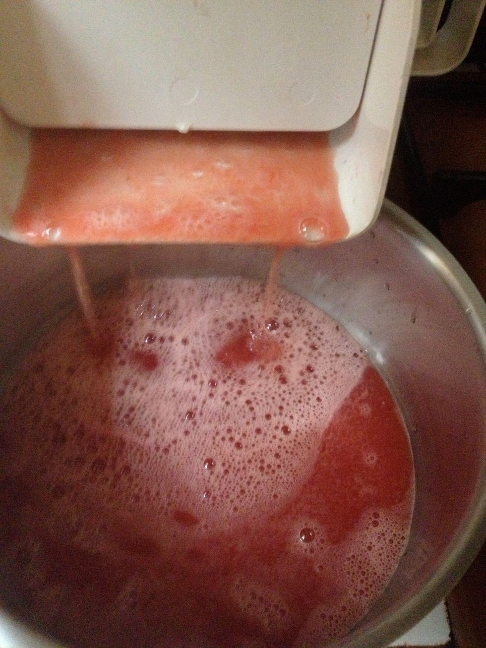 Cut the watermelon and remove all seeds. Mix the flesh (we used the potato-masher of our robot).