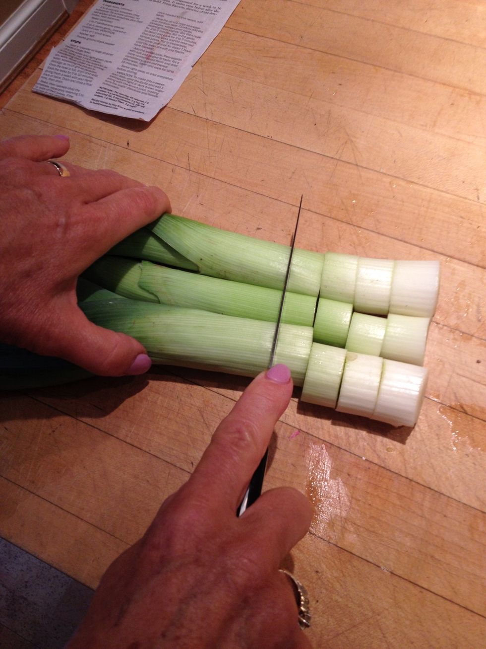 Cut the white and light green parts of the leeks into 1" pieces. By the way, I learned leeks are one of the seven symbolic foods blessed and served at a Sephardic Rosh Hashanah dinner.