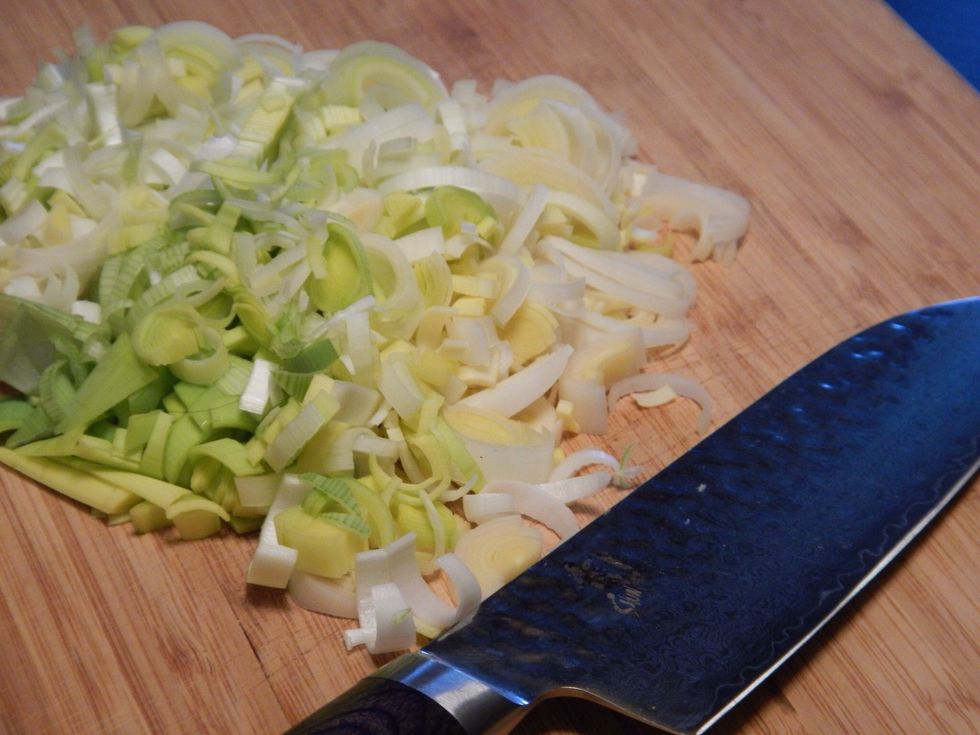Cut the white parts off the leeks, toss the tough green tops.  Wash the white parts off, making sure to fan out each piece, leeks like to hide sand and dirt!  Once clean thinly slice.