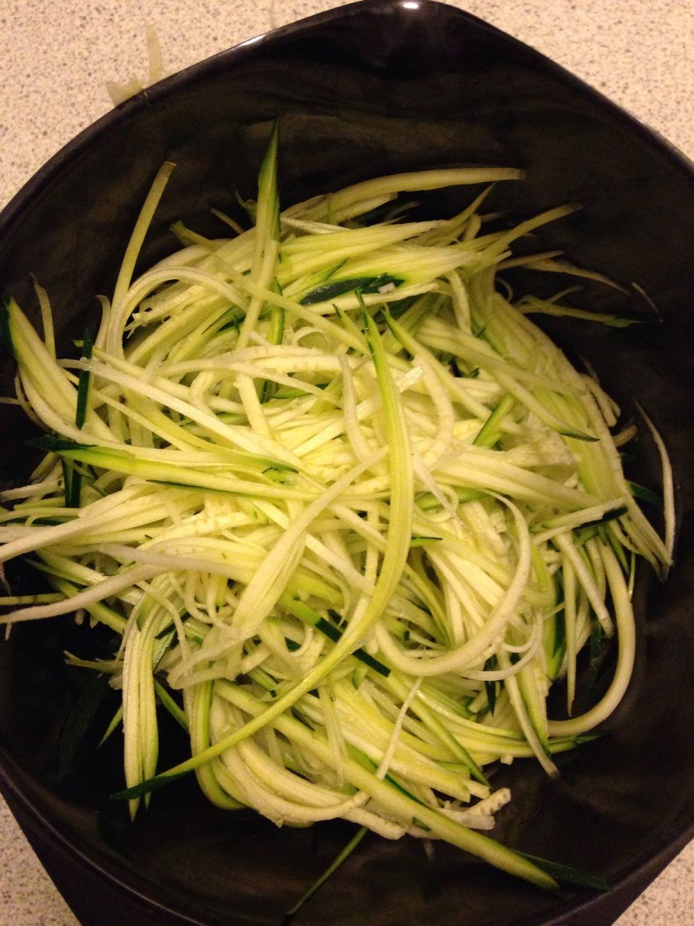 Cut the zuccini/squash with your spiralizer or julienne cutter