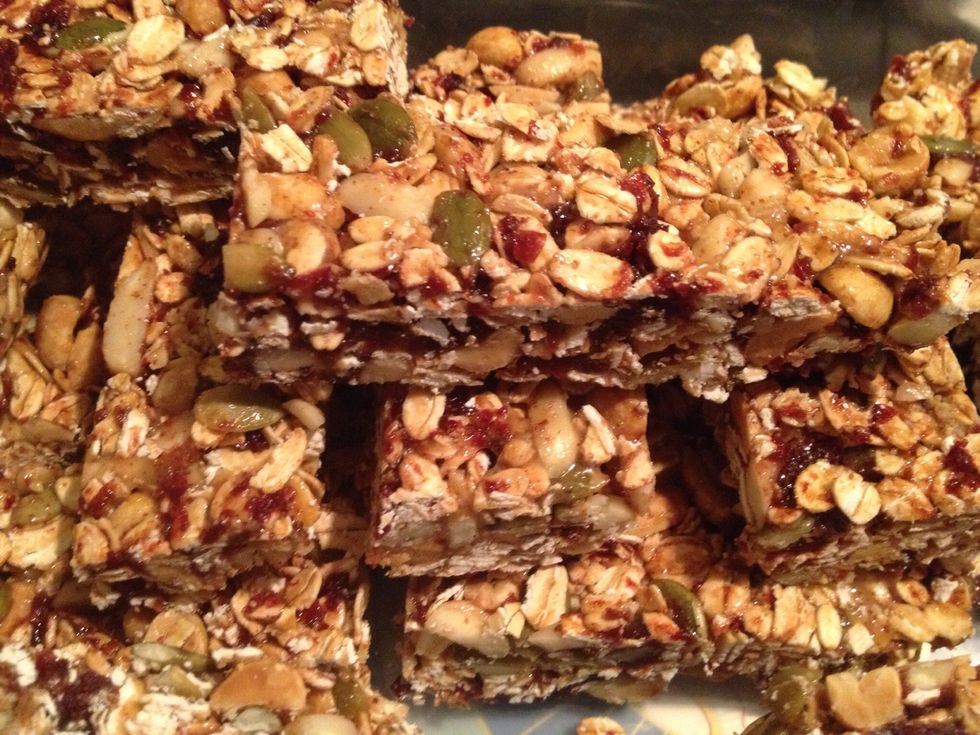 Cut them to desired size and keep them in an airtight container in the fridge. Oh, did I mention it costs a fraction of the store bought granola bars?