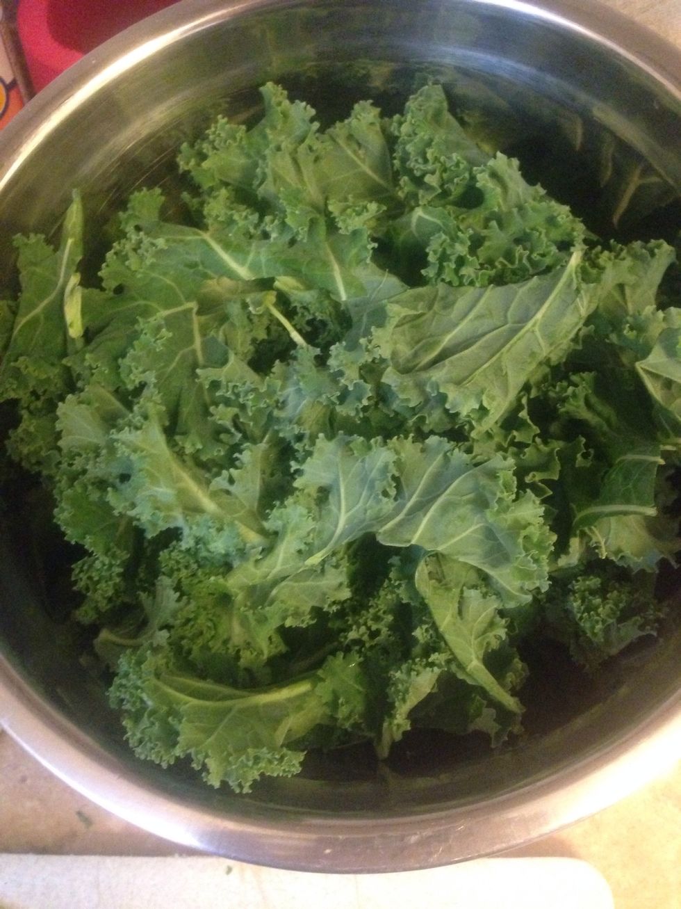 Cut thick ribs out of kale and separate into chip size pieces.