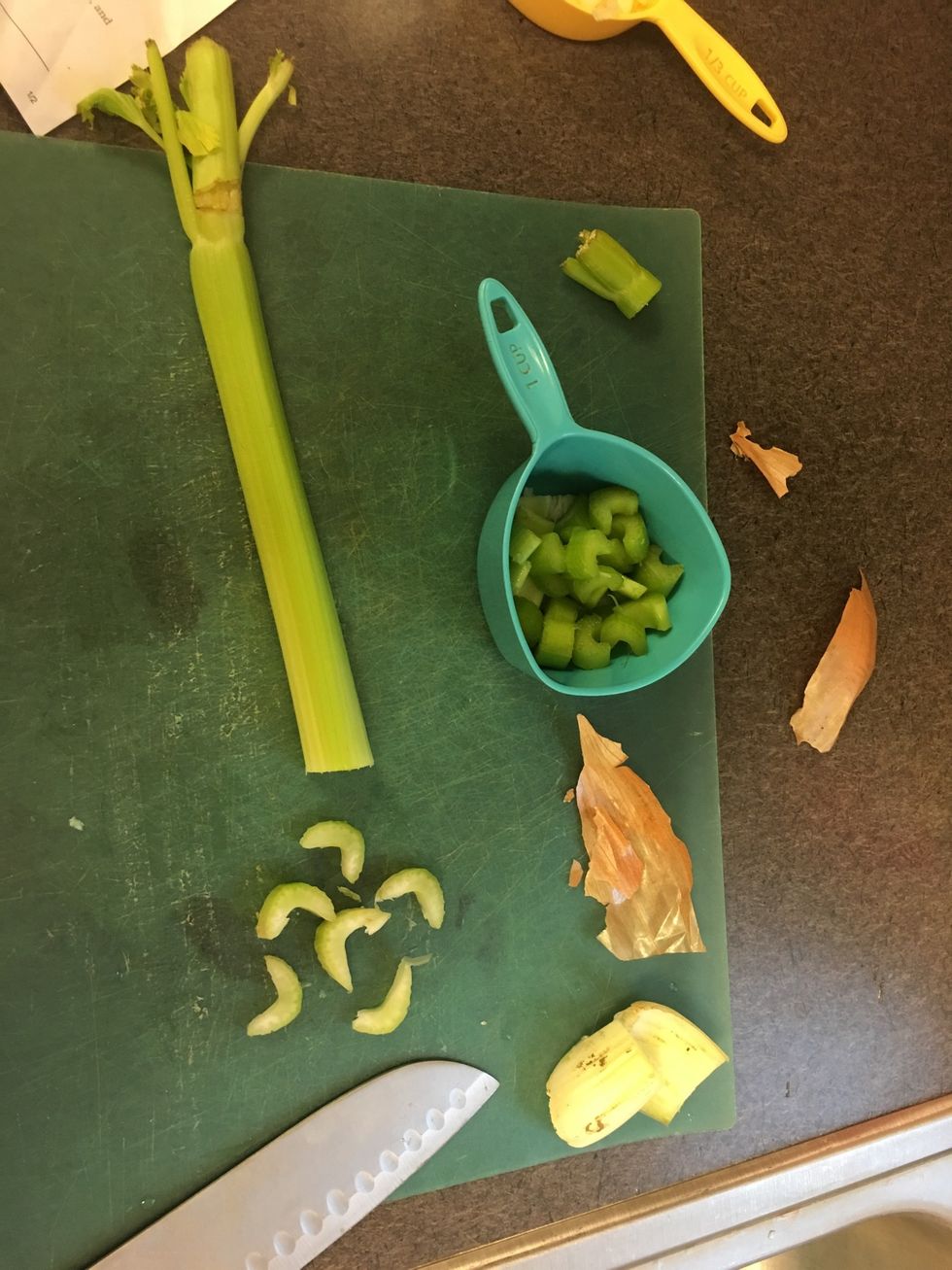 Cut thin slices of celery and measure 1 cup