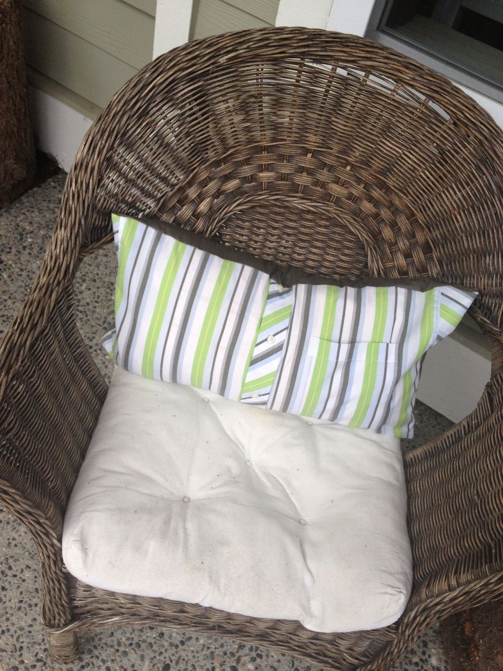 Cut to size, turn so the outside of shirt is face to face - the sew all 4 sides - undo the buttons, and turn inside out. Stuff with the pillow. Double sided pillows with a button front