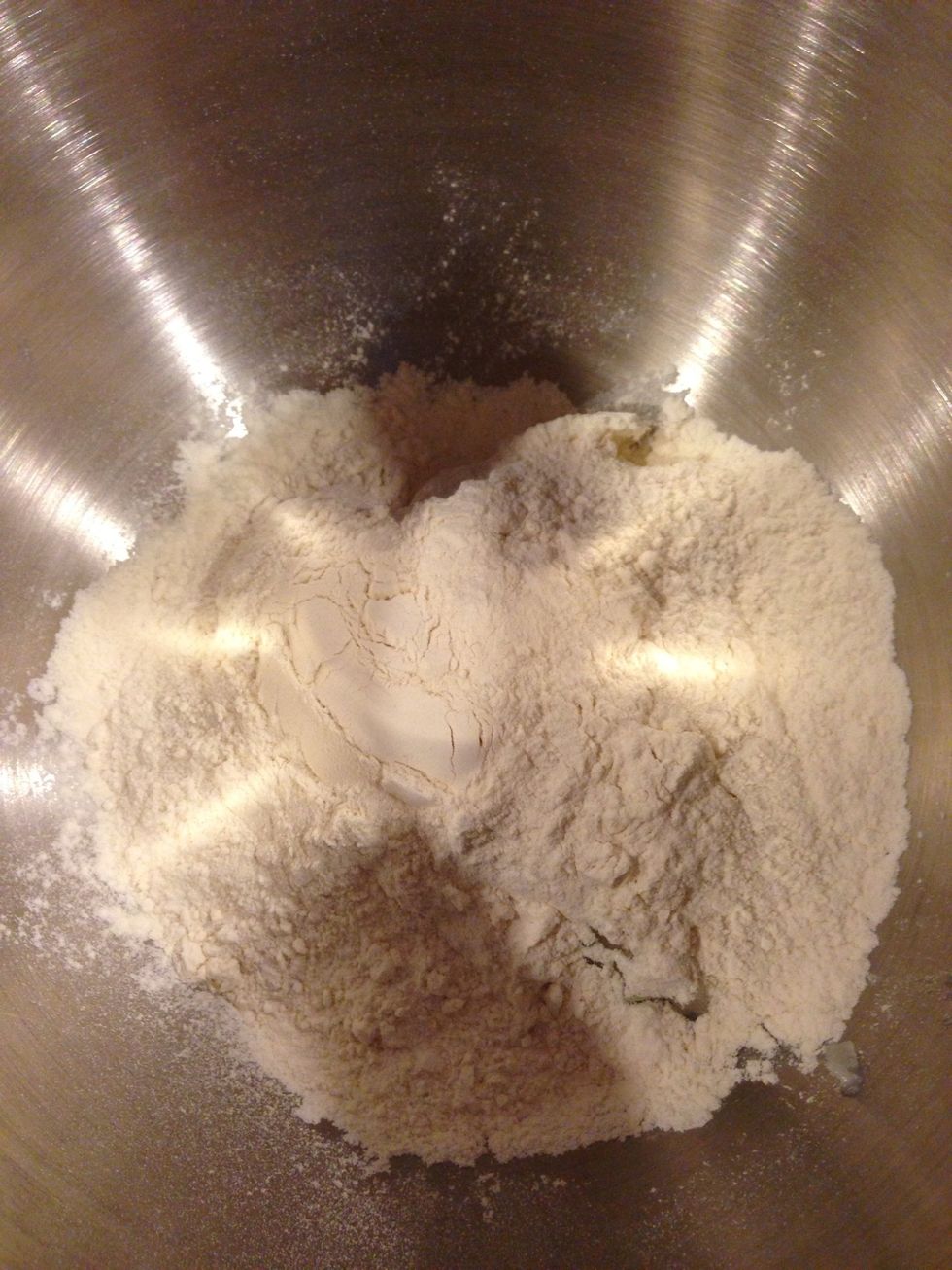 Cut together your flour, coconut oil and cream cheese, until crumbly. Sorry my oil, and cream cheese is hidden beneath the flour. ;)