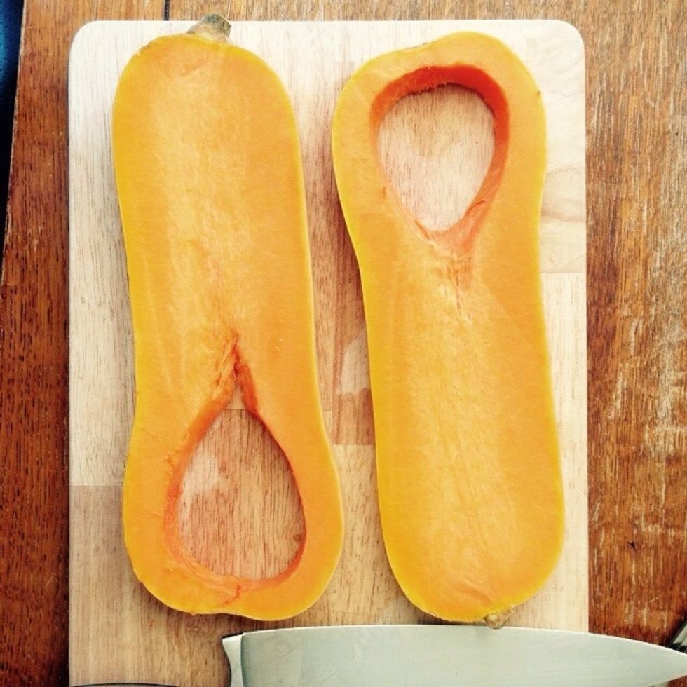 Cut two 1.5cm thick slices, skin on, from the center of the two halves. Keep the remaining for other recipes.