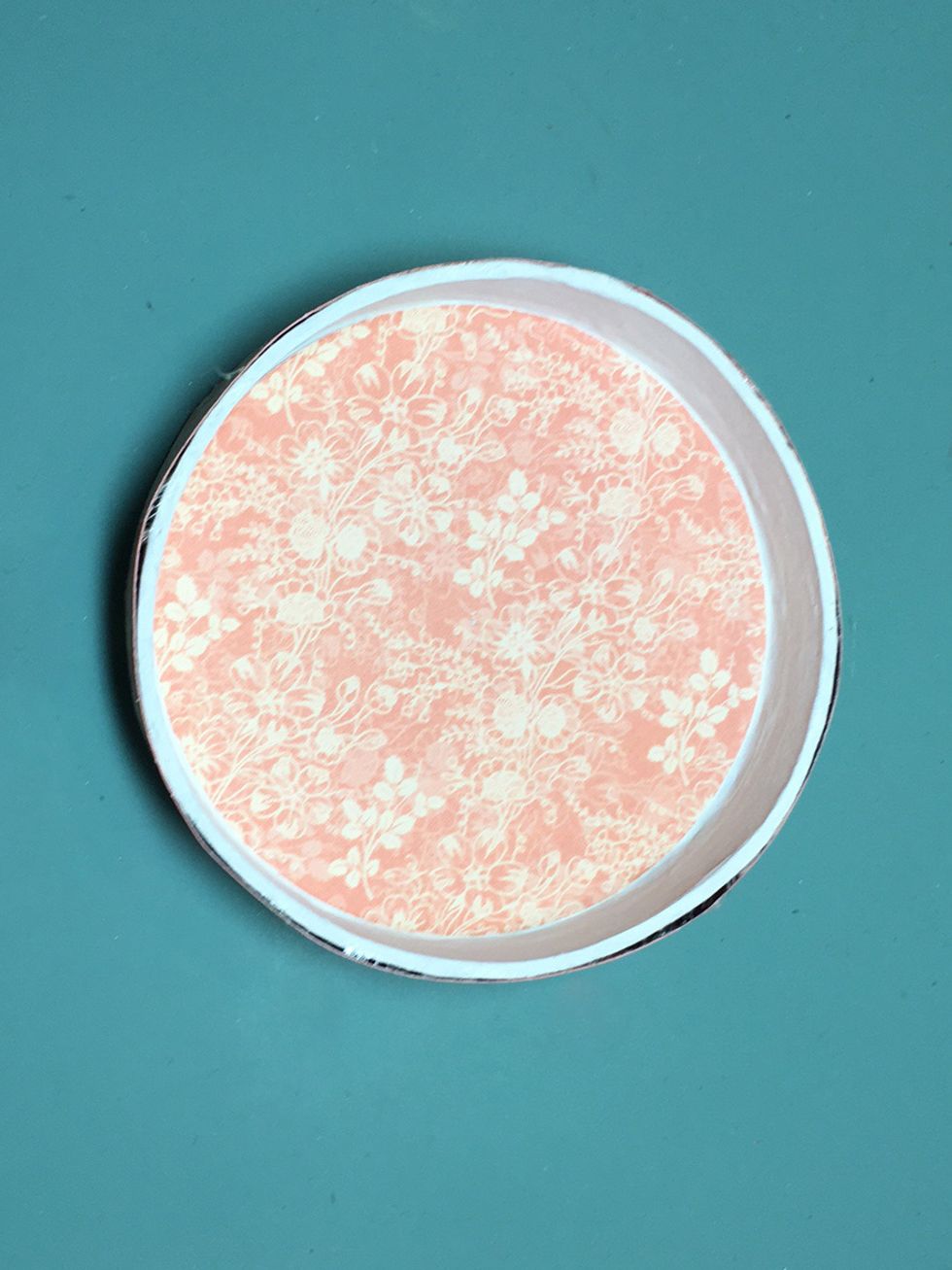 Cut two 3 3/4" circles and glue one to the inside of the lid and the other to the bottom of the box.