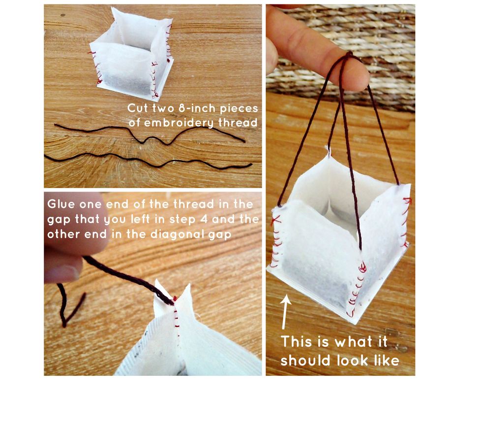 Cut two 8-inch pieces of embroidery thread. With the first piece, hot glue one end to a corner gap and the other end to its diagonal gap. Pinch to secure. Repeat for the other corners.