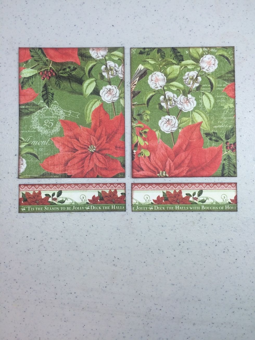 Cut two pieces from the December Flourish page at 3 3/4" x 4 5/8" each. Then cut the border strip into two 3 3/4" lengths. Ink edges.