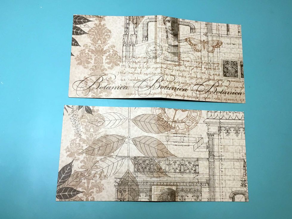 Cut two rectangles 8.25" x 4.5" Score both at at 4.25". I have Used G45's Kraft Reflections paper for this step. You could use design paper or cardstock instead.
