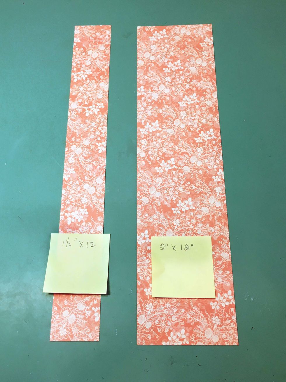 Cut two strips from the B side of Portrait of a Lady 1 1/2" x 12 " and 3" x 12". (Note on paper is wrong as it says 2" x 12")