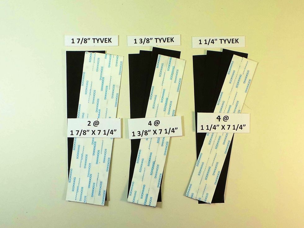 Cut Tyvek into 10 strips, all 7 1/4\u201d long \u2026 2 @ 1 7/8\u201d wide \u2026 4 @ 1 3/8\u201d wide \u2026 4 @ 1 1/4\u201d wide Then add 1/2\u201d Scor-Tape or similar to the long edges of all 10 pieces...