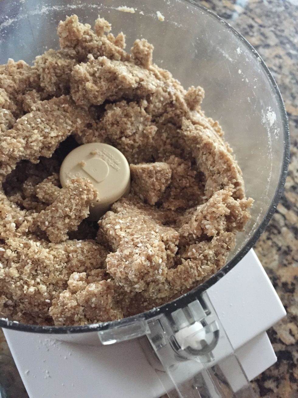 Cut up a stick and a half (3/4 cup) cold butter and add. Pulse until it is crumbly and firmly combined