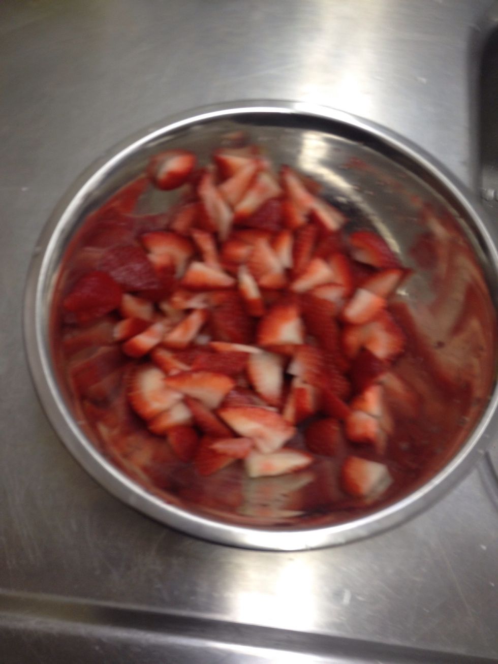Cut up all the strawberries. In to medium pieces