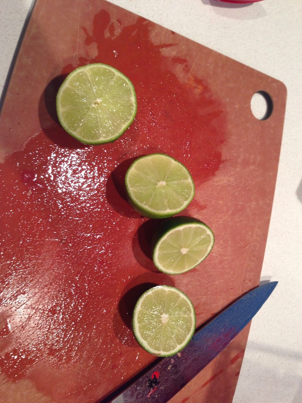 Cut up and juice 2 limes. I microwave for 10 seconds and then roll on the cutting board before slicing and juicing