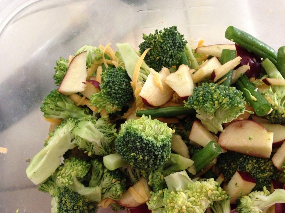 Cut up broccoli apples and fresh green beans and mix together. Add half a cup of cheese,.mix one tsbp olive oil