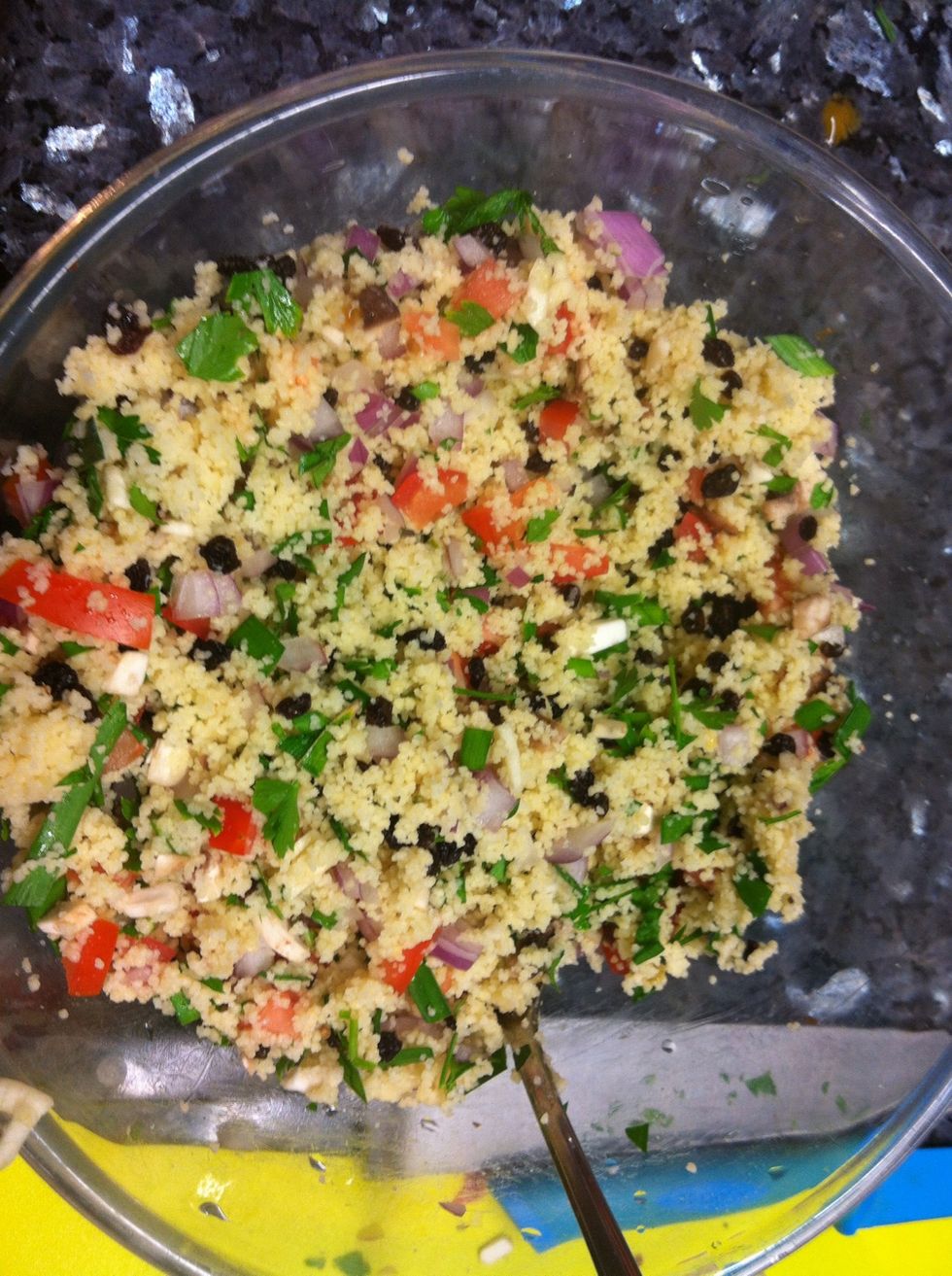 Cut up finely Parsely, Chives, Red onion, Tomatoes, mushrooms and add currant and cranberries and mix