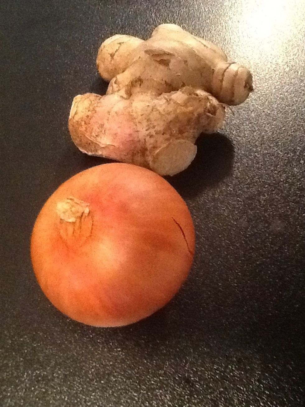 Cut up half an onion and a knob of ginger.
