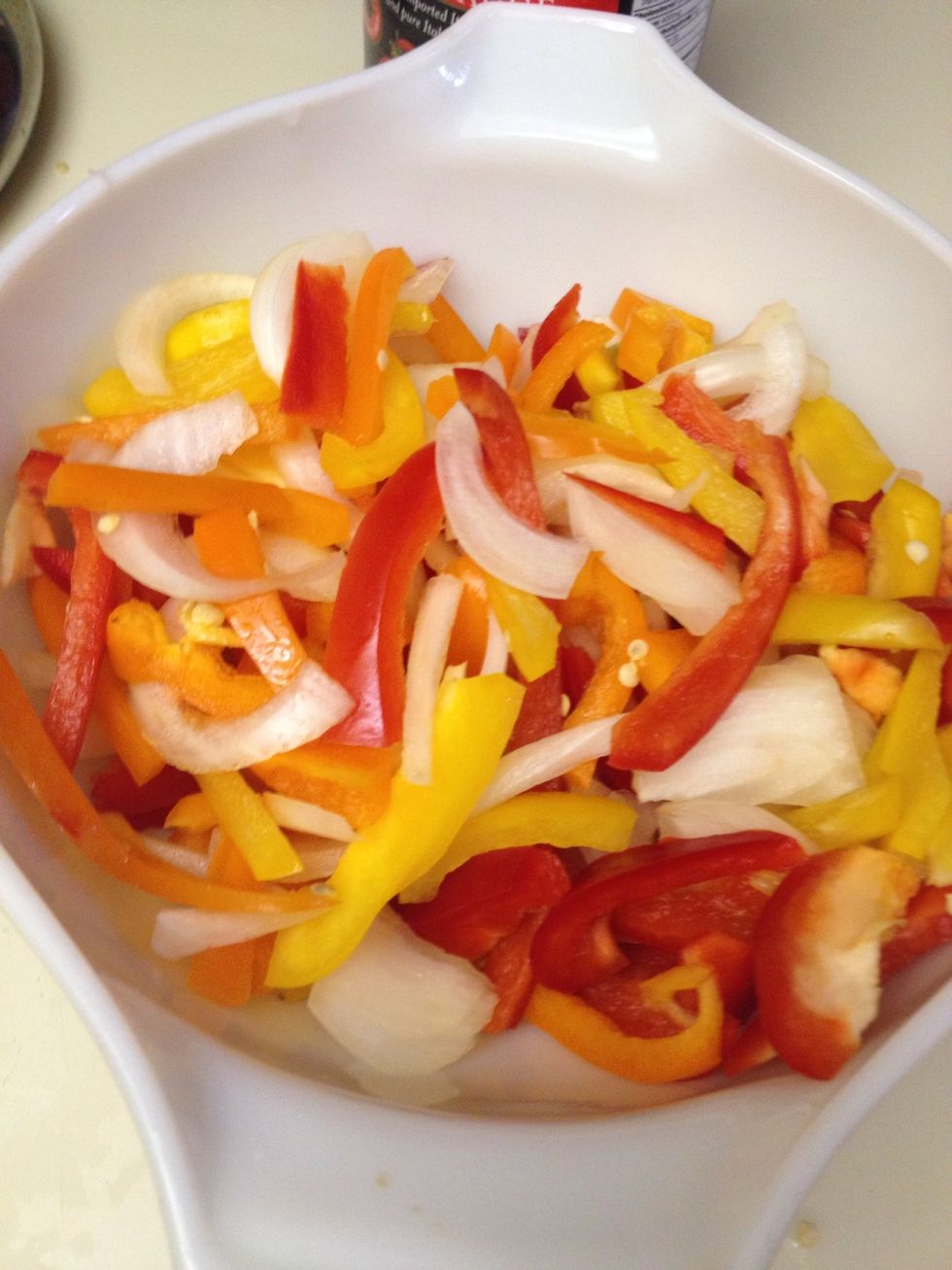 Cut up peppers and one onion. Place in large mixing bowl.