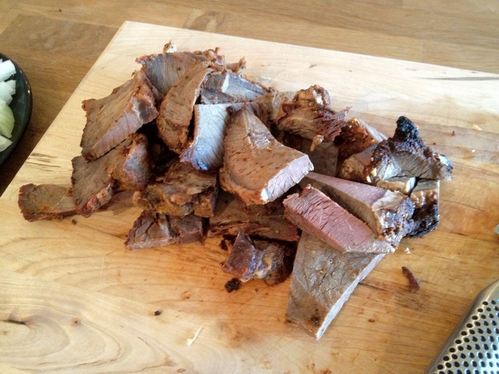 Cut up roast beef into bite sized pieces