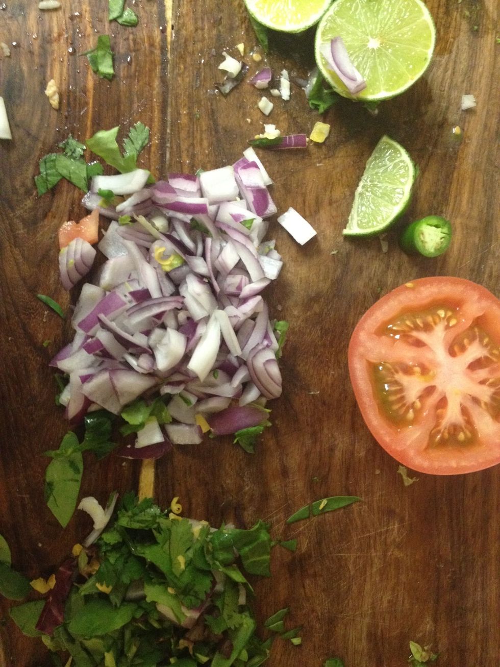 cut up some lettuce, onion, tomato, lime, cilantro, serrano chilies... (or if making my guacamole recipe, just save some for your tacos.)
