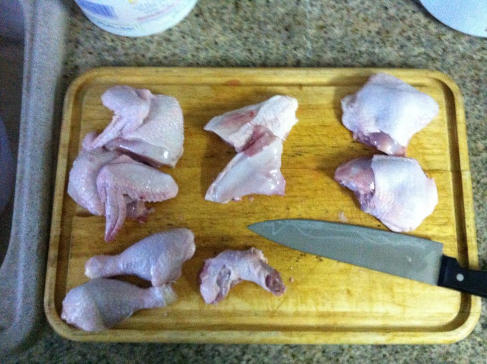 Cut up the chicken into 8 peices. Each breast gets cut in half= 4 peices. Each leg gets seperated into 2 thighs and 2 drumsticks. Total = 8 peices. I also put the neck in there, it's your call!