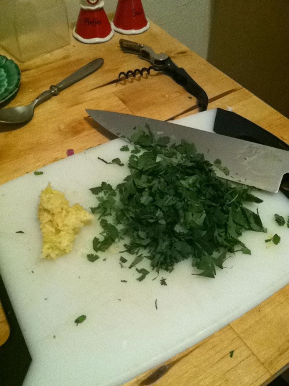 Cut up the cilantro and garlic. I used a garlic press so mine is kind of slimy. The cilantro can be as much as you like. You can also cut it large or small depending on how much you like it.