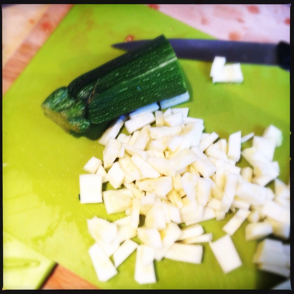 Cut up the zucchini in small dices and save the in a seperate bowl. > Save  the green (chopped off) top, in the bowl with  your diced zucchini and it won't turn brown <