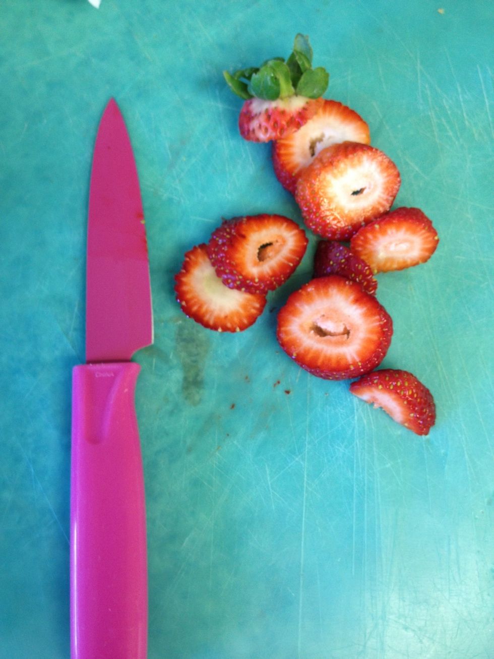 Cut up your fresh fruit. I only added strawberries, but you can do any fruits you'd like.