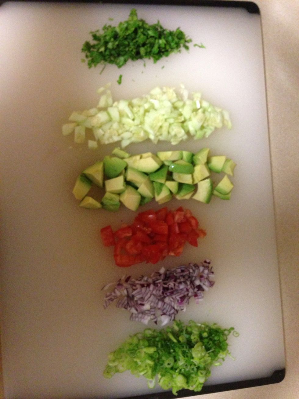 Cut up your green onions, red onion, tomato, avocado, cucumber, and cilantro.