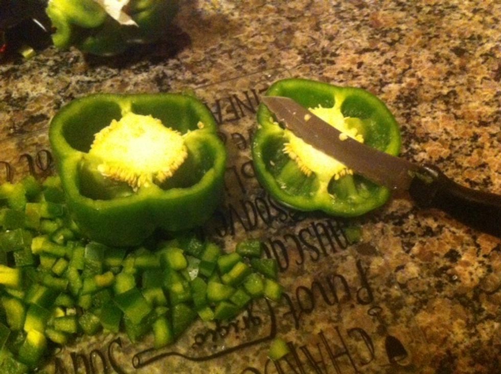 Cut up your green pepper. I cut them small. I used about 3/4 of the pepper and it produced about 3/4 - 1 cup.  Next time I would use about 1/2 cup.  I used this in both muffin tins (24 muffin cups).