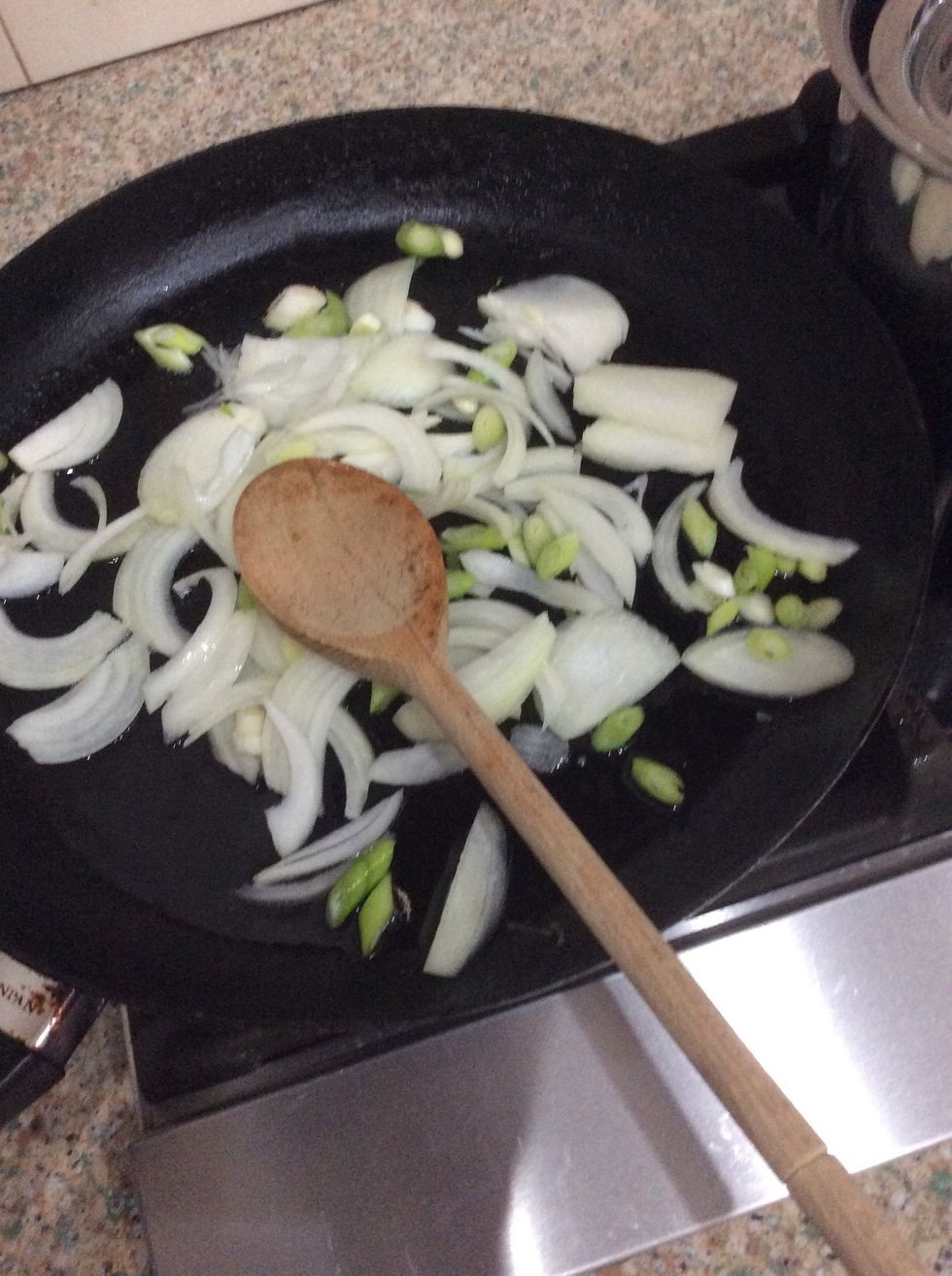 Cut up your leak and onion and cook them.