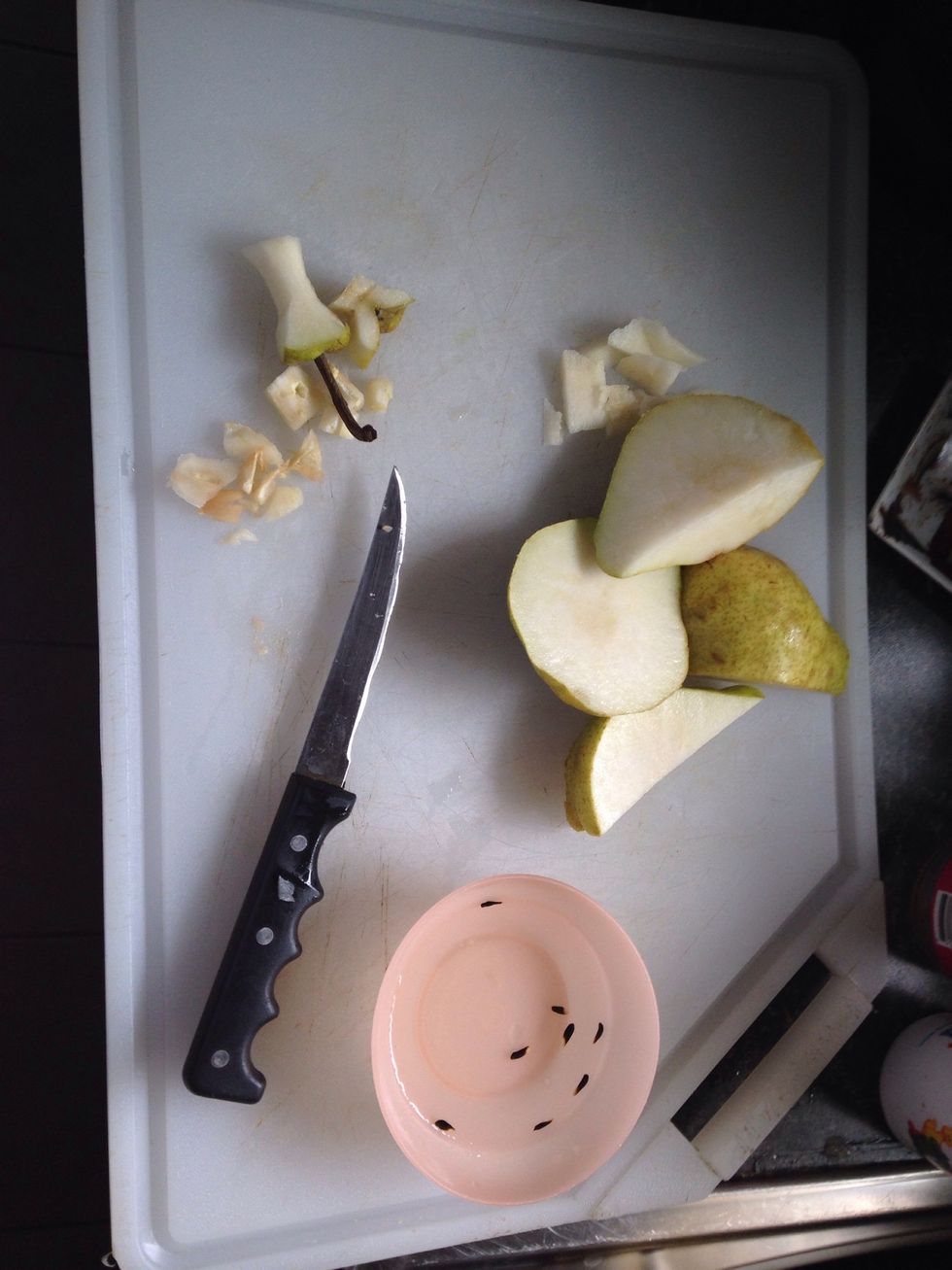Cut up your pear. I took out the seed and put them in a little water to see if they'd grow.