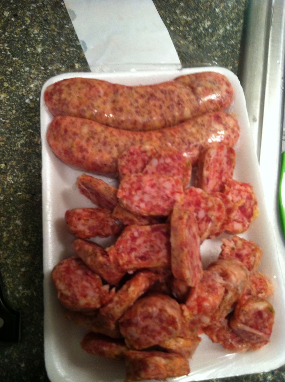 Cut up your sausage, or break it up if using loose sausage. This is sweet Italian. Use what you like. If using link sausage, cut it while its still mostly frozen, it's much easier!