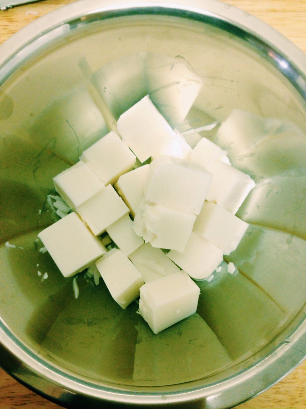 Cut up your soap base into small cubes. Place in double boiler dish or microwave safe dish.