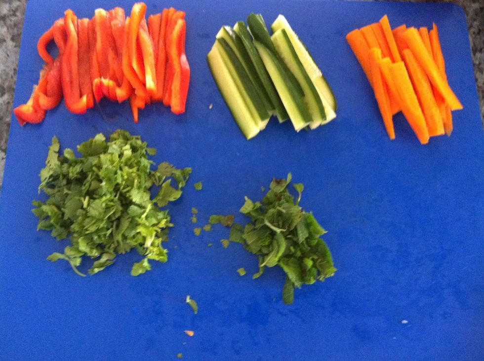 Cut vegetables and herbs as shown