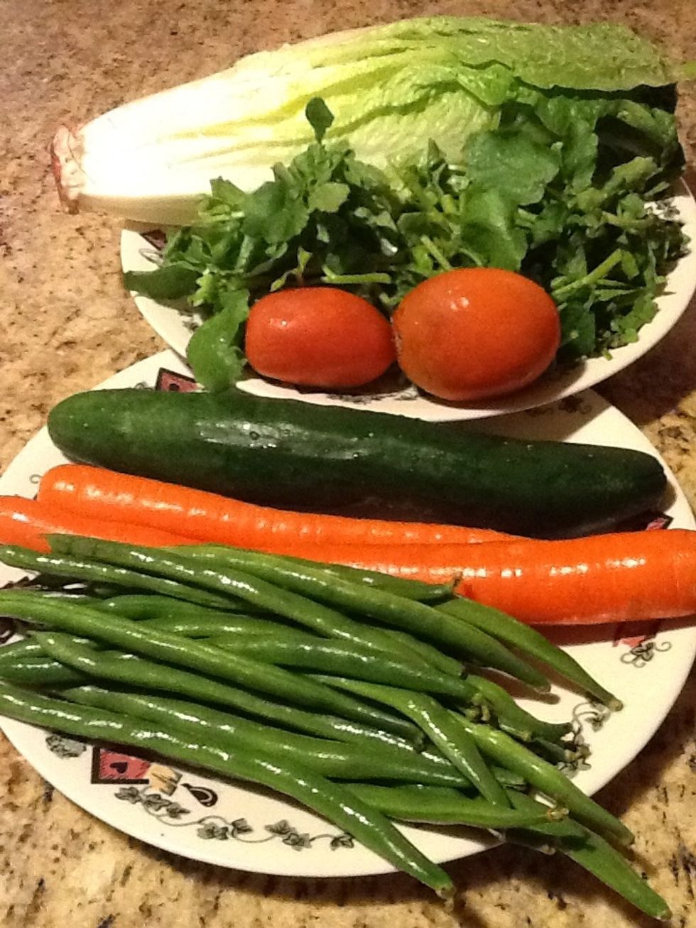 Cut vegetables to small bite size and put in a large salad bowl.