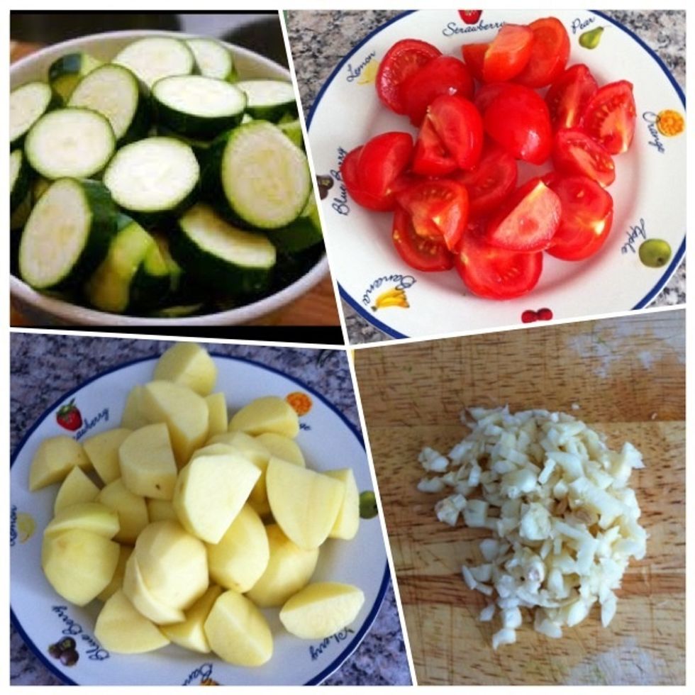 Cut veggies into pieces and chop garlic. It's up to you to peel potato or not - I did.