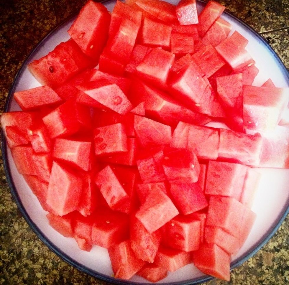 Cut watermelon into cubes, about an inch thick.