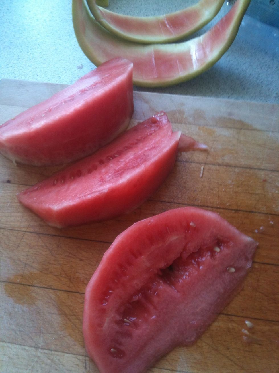 cut watermelon into slices and remove the ratchet, remove the cores, too