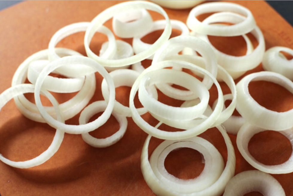Cut you onions in either wedges or rings, then throw them into the pot