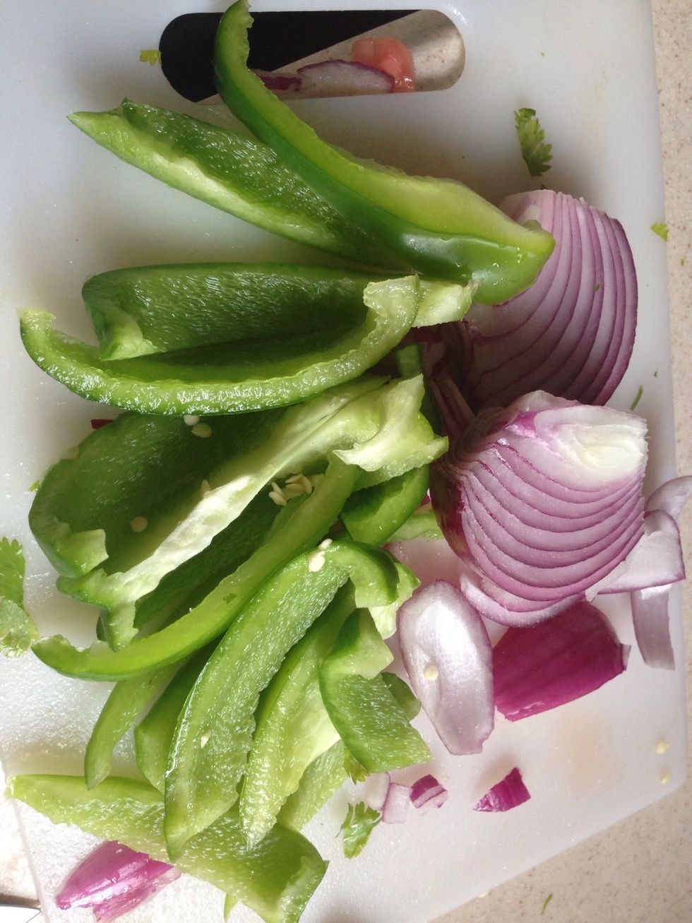Cut your bell pepper and the rest of your onions ready for grilling/saut\u00e9ed