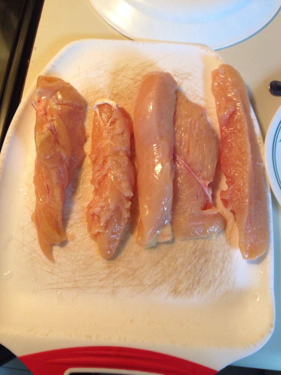 Cut your chicken breast to strips like this. You can use any type, wings, drumsticks, or thighs.