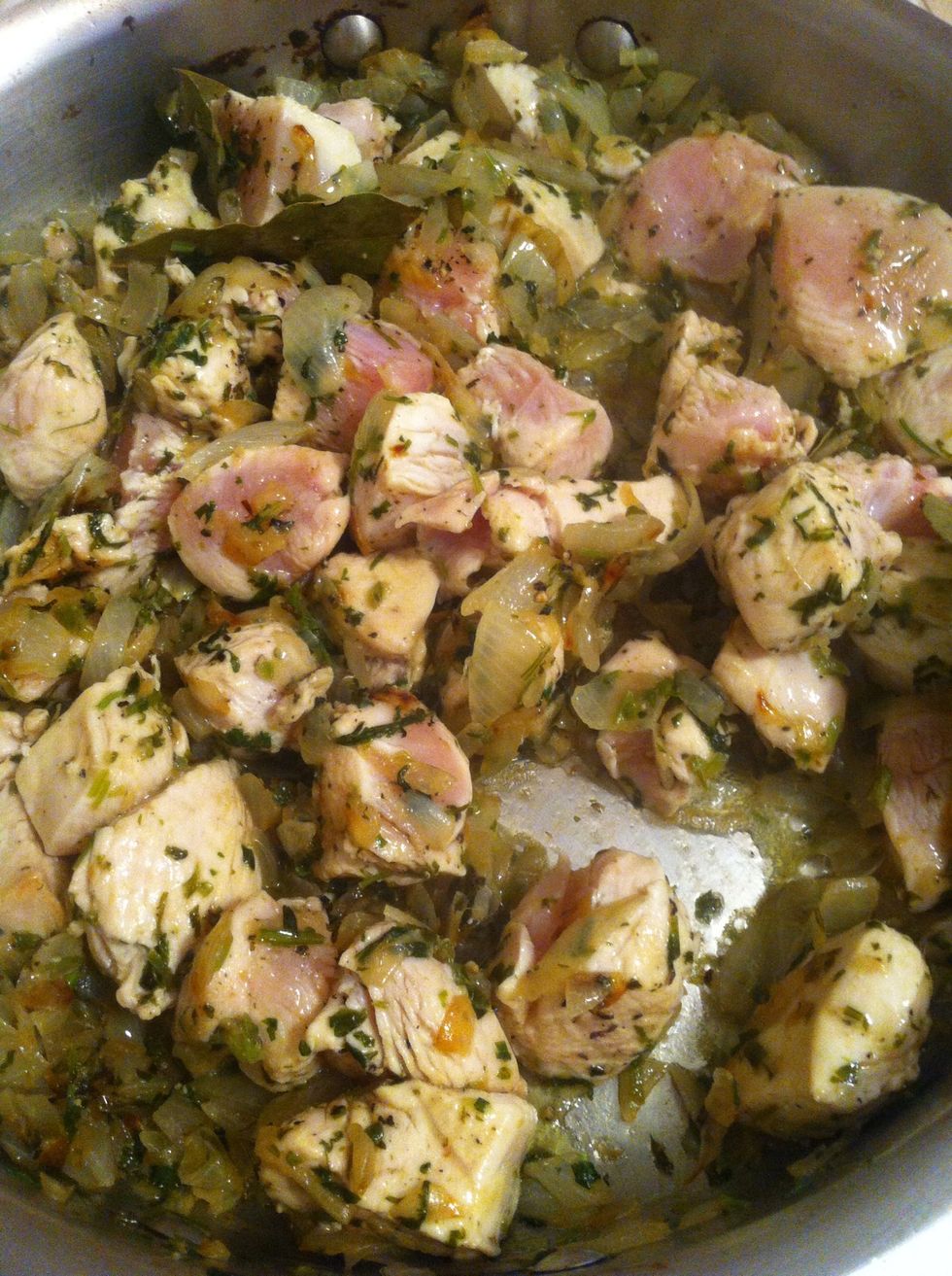 Cut your chicken into 1 in cubes. Add to the pan. Add a little salt and pepper to season the chicken. Get the chicken lightly brown. Mmm...