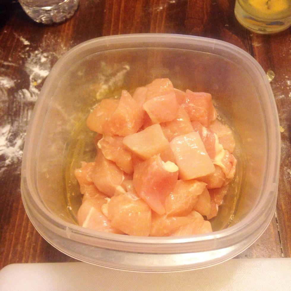 Cut your chicken into pieces. You can cut them however large or small you'd like. I like mine in 1" cubes.