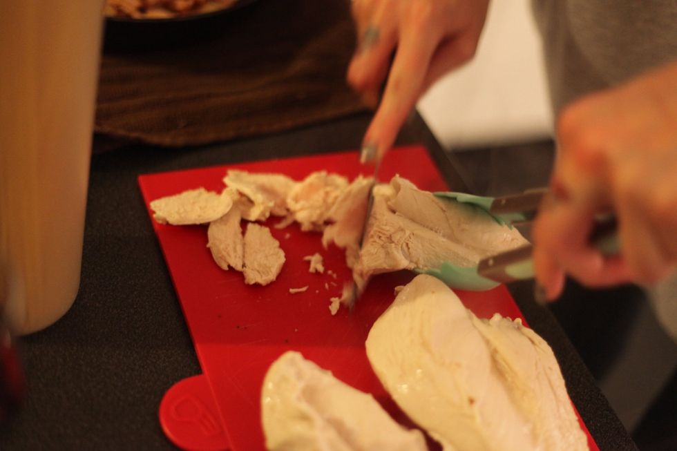 Cut your chicken into slices, pieces, bits or even make shapes if you have the time. We don't want the chicken totally boiled or cooked. We will fry it with the onion and bacon later.
