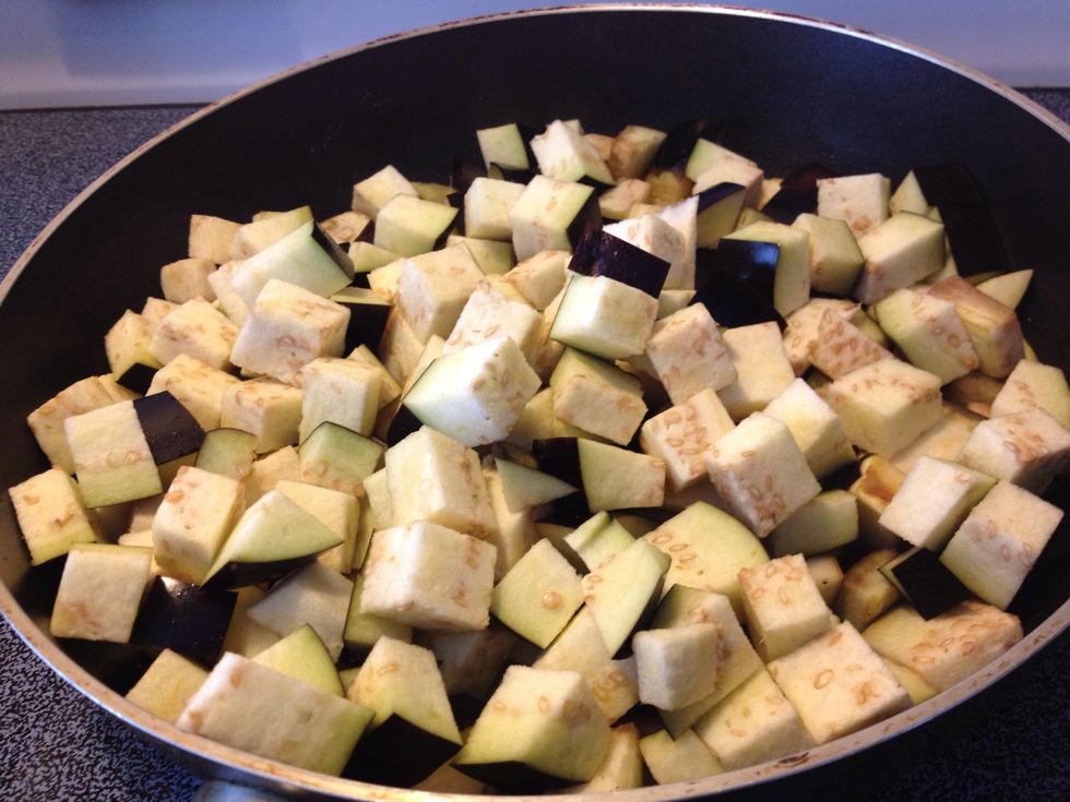 Cut your eggplant into 1/2 inch pieces..