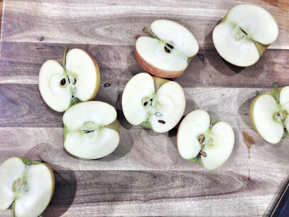 Cut your favorite apples into 1/2 inch wide wedges and place in a bowl with a teaspoon of lemon juice. The lemon juice helps keep the apples from turning brown before you serve or eat them.