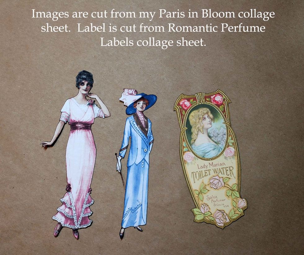 Cut your images from the Paris in Bloom and Romantic Perfume labels collage sheets. Edge using Vintage Photo distress pen to eliminate the white edges.