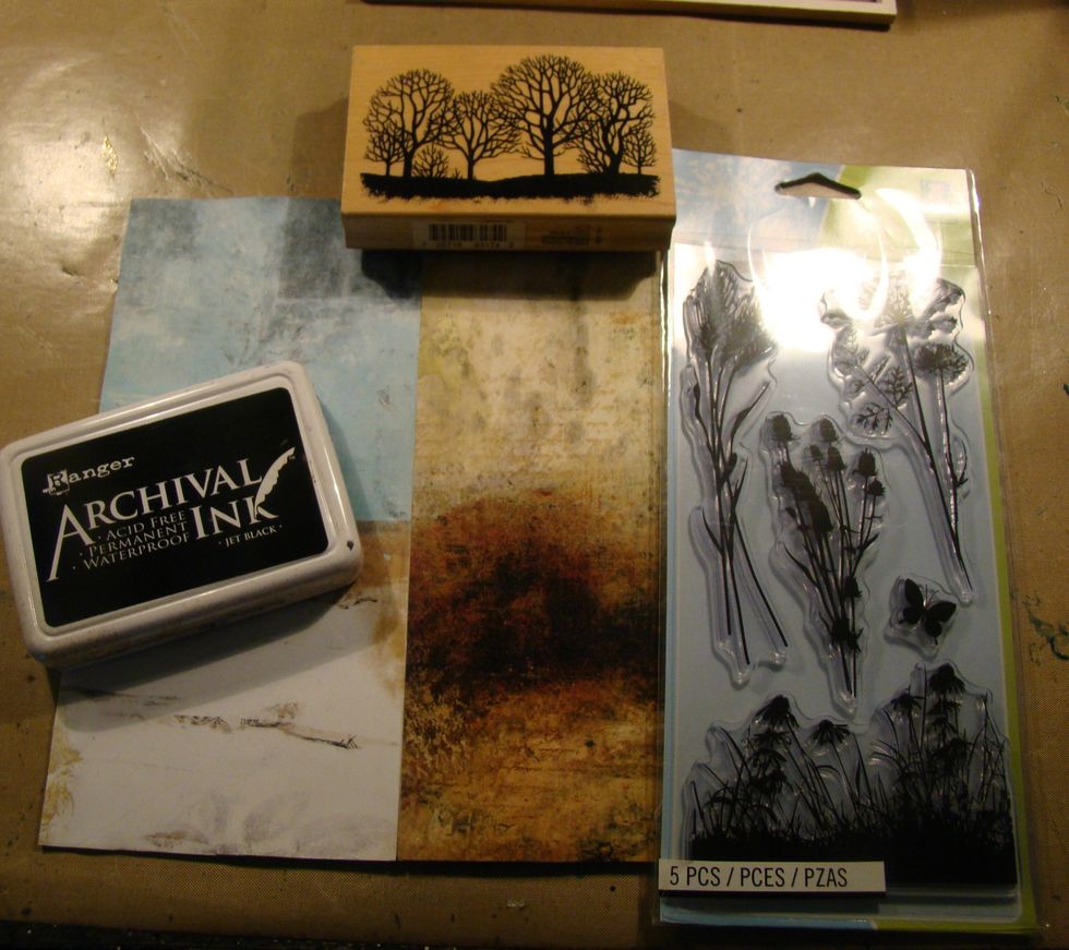 Cut your papers to fit your chipboard and glue down. Choose your stamps and use archival ink for applying to your board.